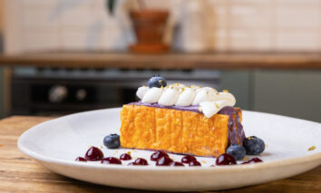 The ‘millefeuille’ is three layers of puff pastry alternating with pastry cream in this instance, a blueberry pastry cream.