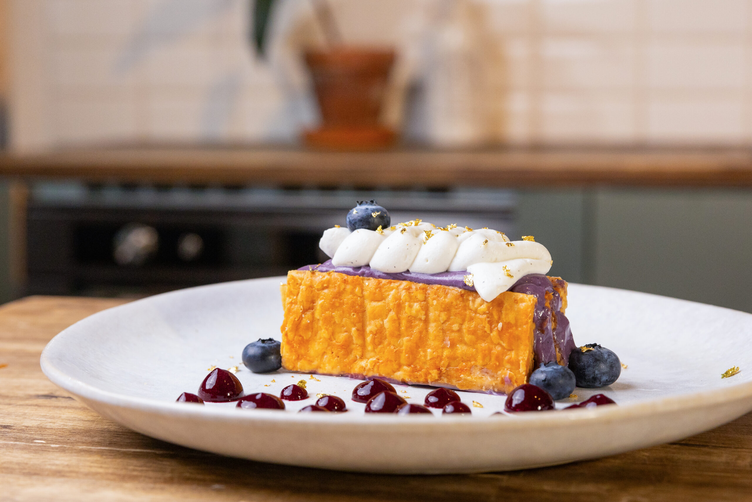 The ‘millefeuille’ is three layers of puff pastry alternating with pastry cream in this instance, a blueberry pastry cream.